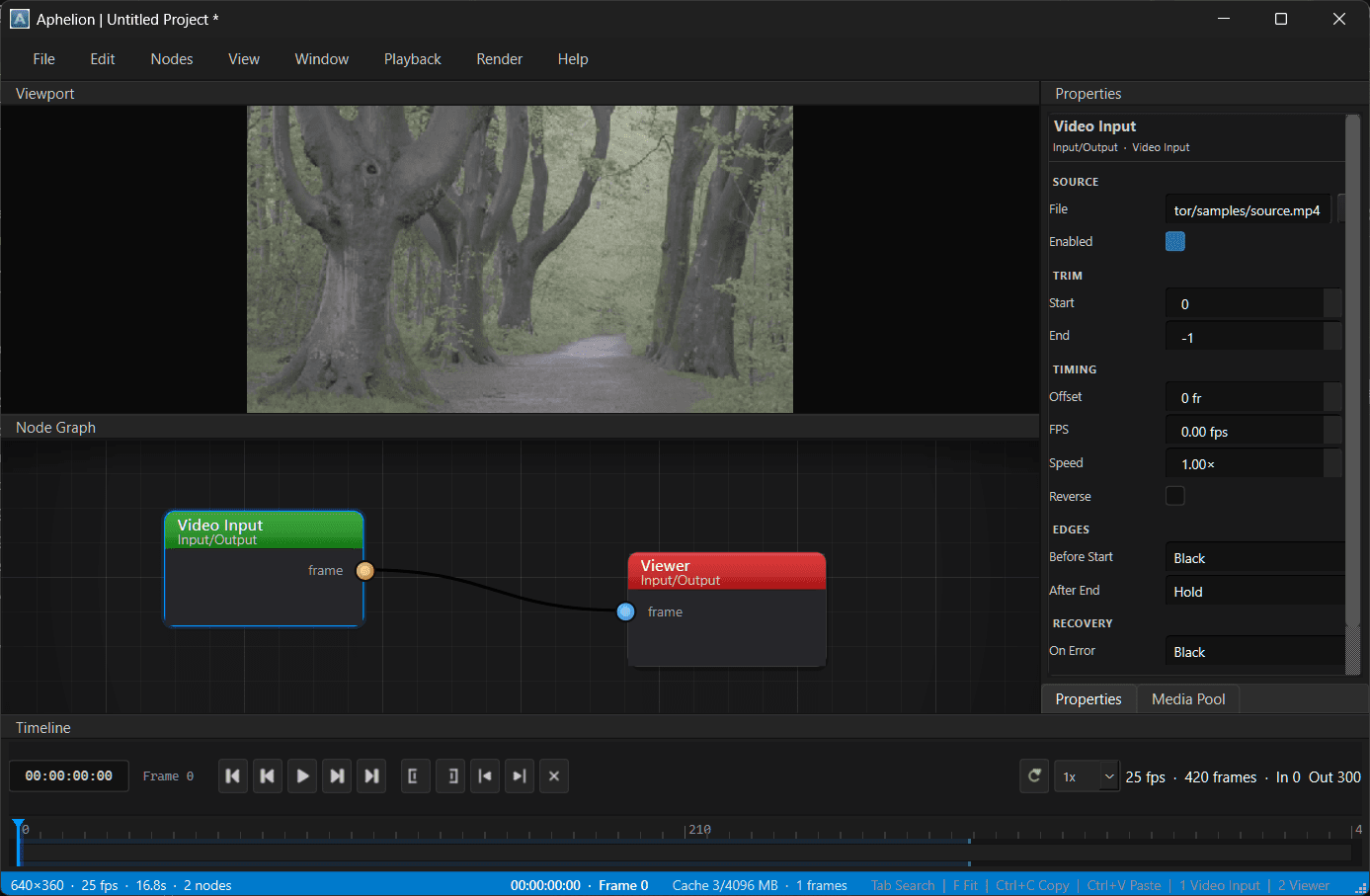 Aphelion Editor: timeline, node graph, and inspector in Aphelion Dark